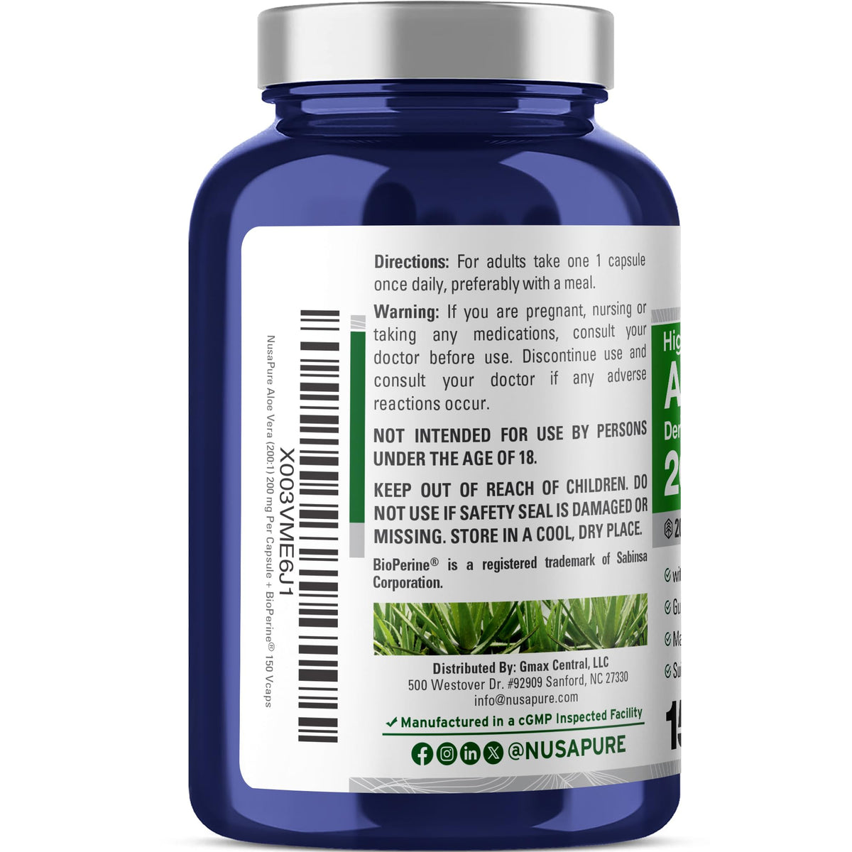 Vue arrière de la bouteille de NusaPure Aloe Vera