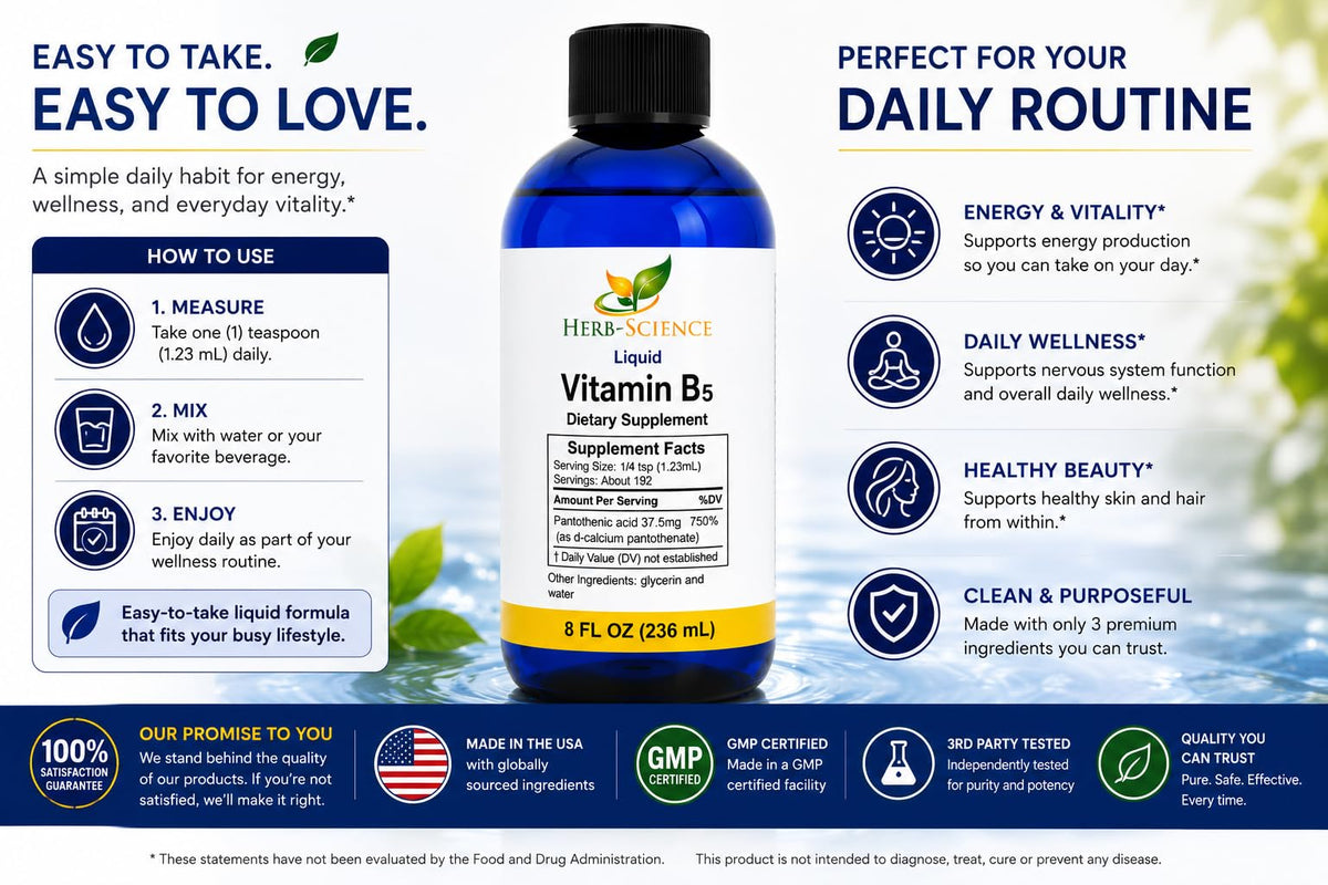 Vue arrière de la bouteille de vitamine B5 Herb-Science