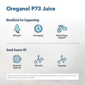 Vue arrière de la bouteille Oreganol P73 Jus montrant les ingrédients