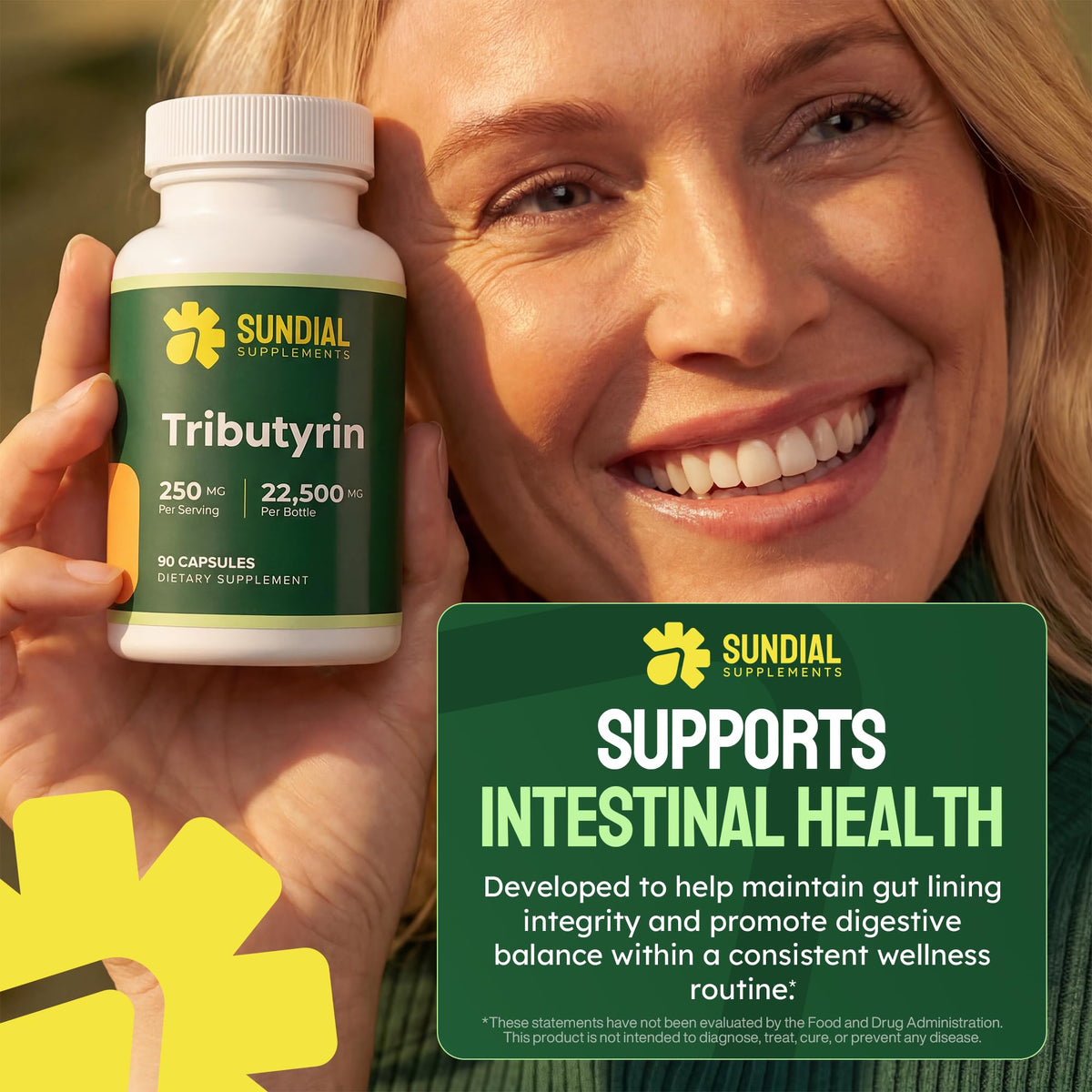 Vue arrière de la bouteille SUNDIAL SUPPLEMENTS Tributyrin 250 mg