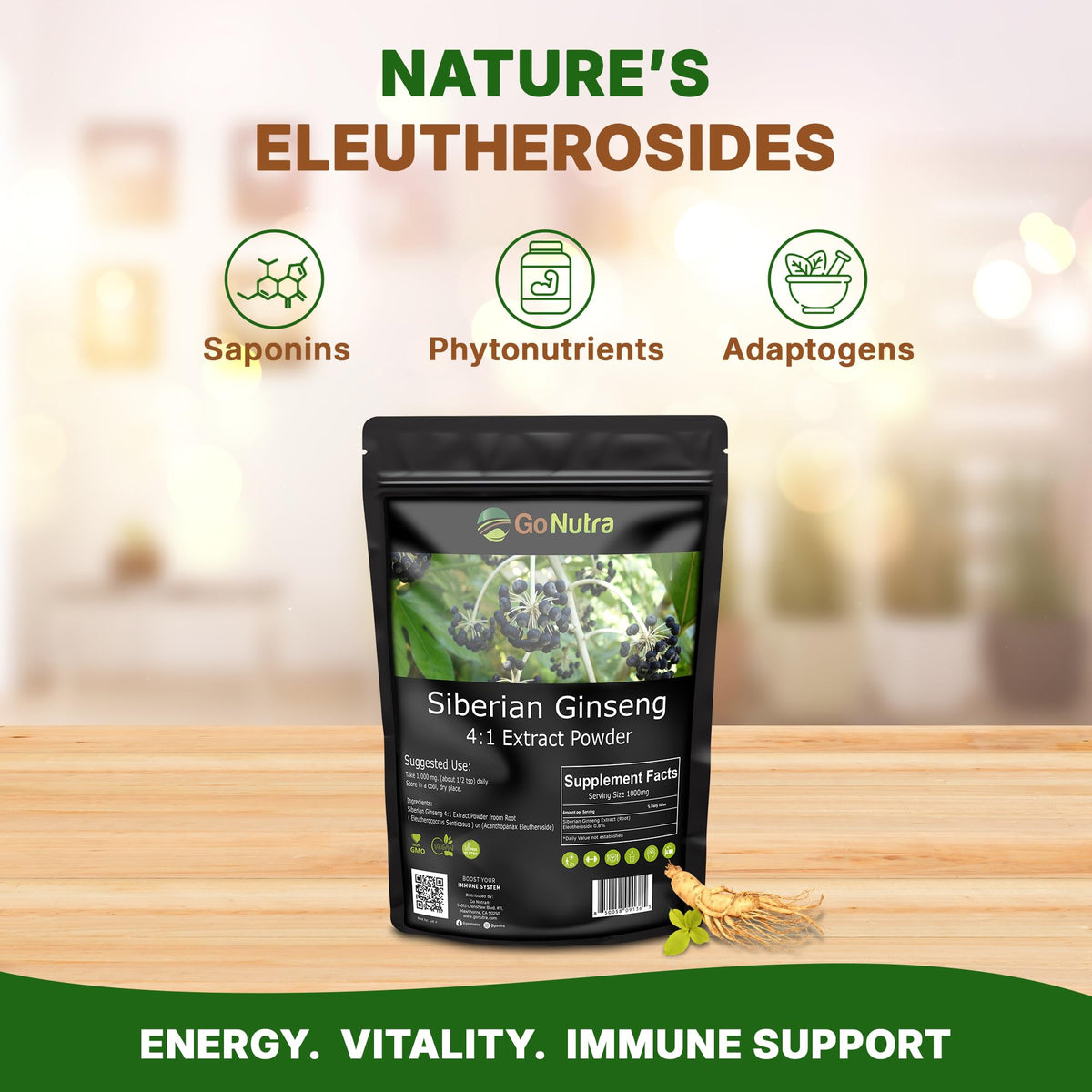 Vue arrière de la poudre d'éleuthéro ginseng sibérien Go Nutra