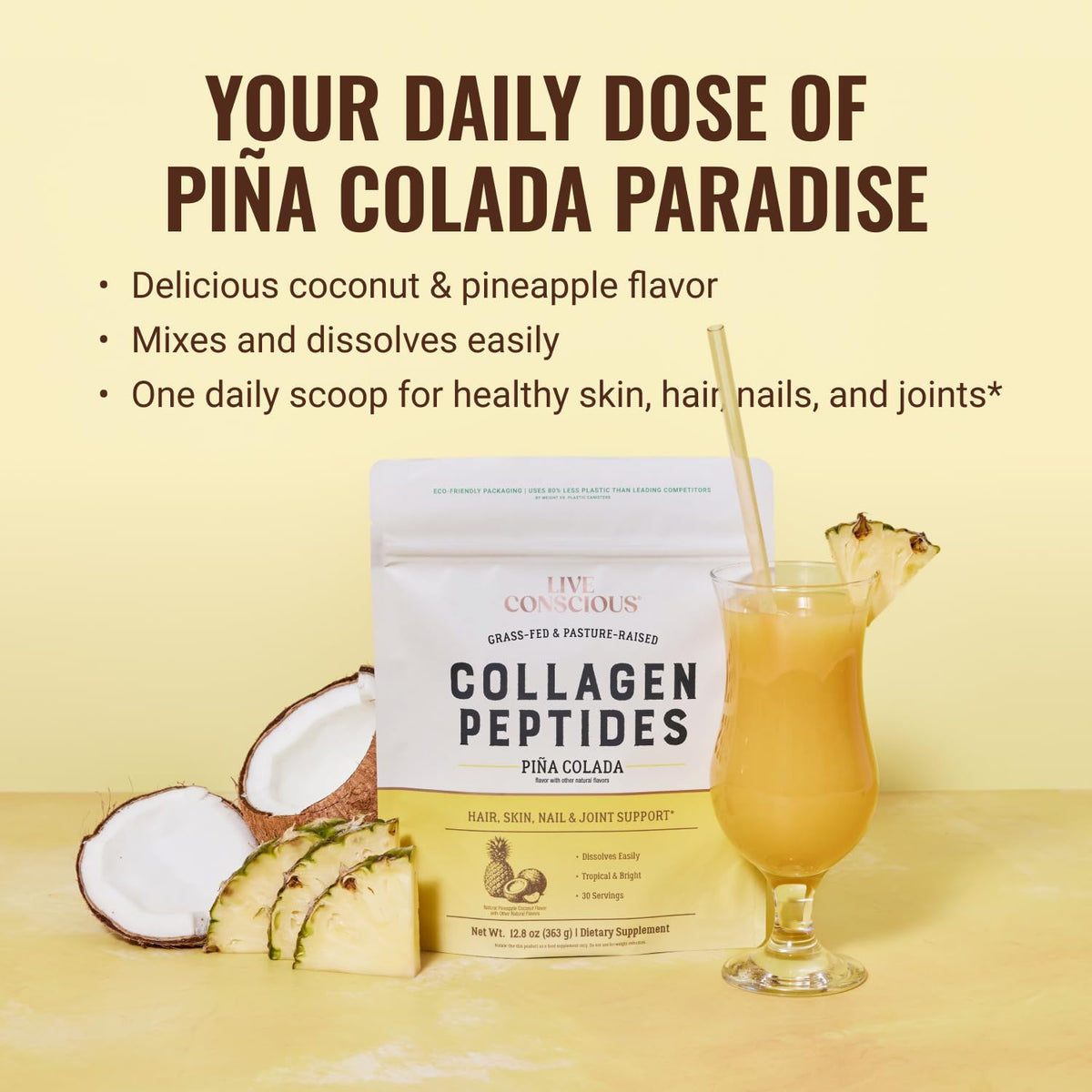 Vue arrière de la poudre de collagène Peptides Piña Colada Live Conscious 381g