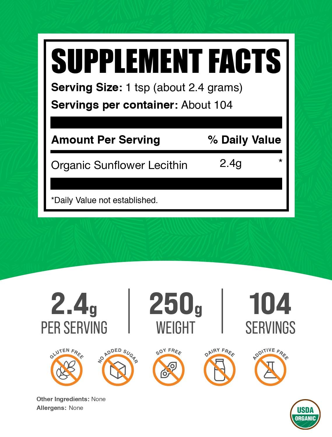 Vue arrière de la Poudre de Lécithine de Tournesol Bio BulkSupplements