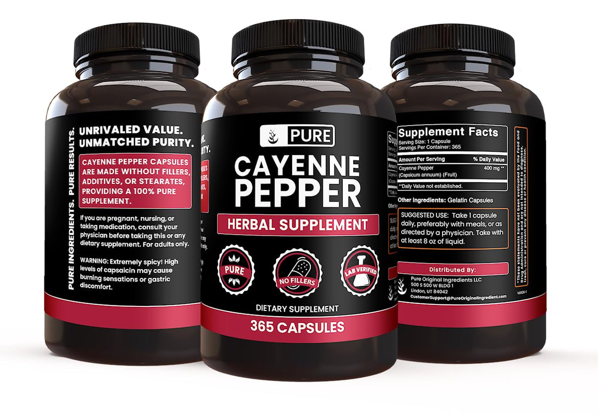 Vue arrière des capsules de piments de cayenne PURE ORIGINAL INGREDIENTS