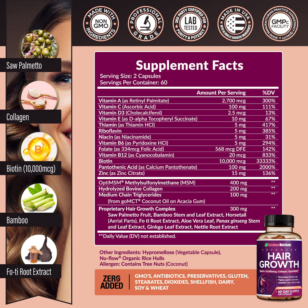 Vue arrière du complément alimentaire Rainbow Nutrients, informations nutritionnelles