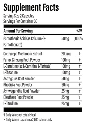 Vue arrière du flacon Adrenal Energy avec informations nutritionnelles