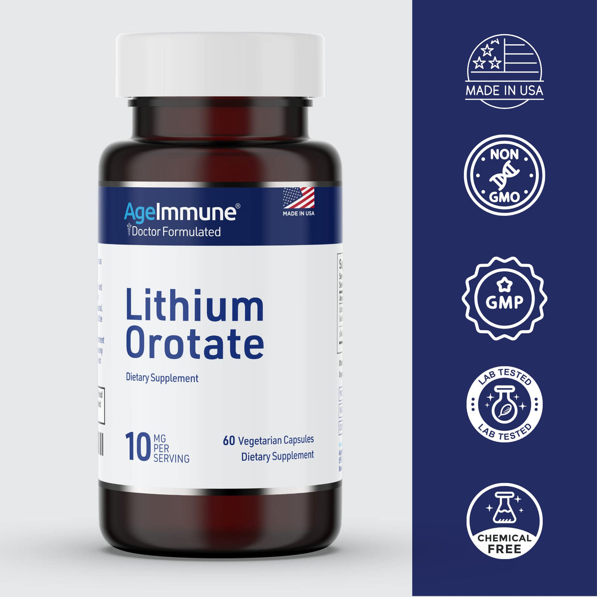 Vue arrière du flacon AgeImmune Lithium Orotate 10mg