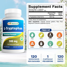 Vue arrière du flacon Best Naturals L-Tryptophan 500 mg
