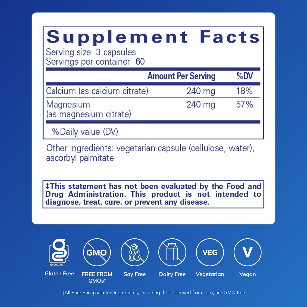 Vue arrière du flacon Calcium Magnésium Citrate de Pure Encapsulations
