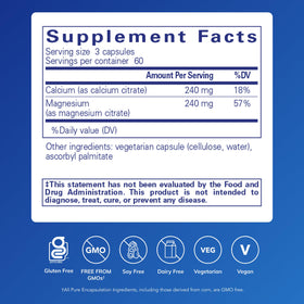 Vue arrière du flacon Calcium Magnésium Citrate de Pure Encapsulations