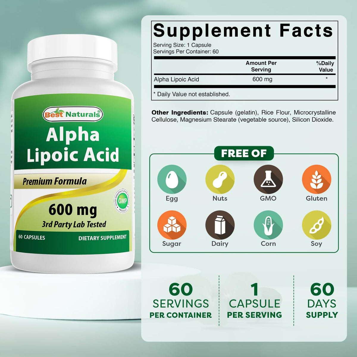 Vue arrière du flacon d'Acide Alpha Lipoïque de Best Naturals