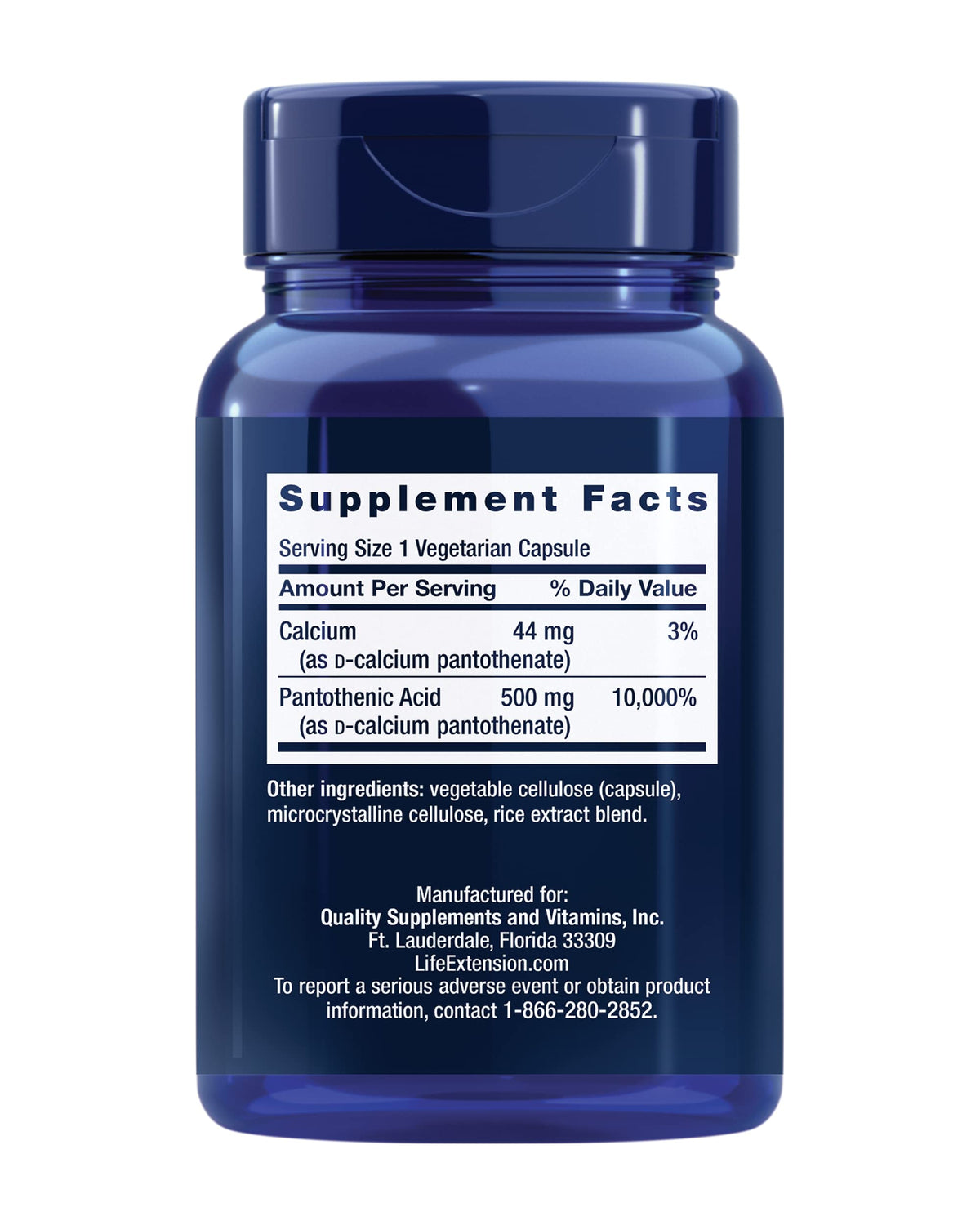 Vue arrière du flacon d'acide pantothénique Life Extension 500 mg