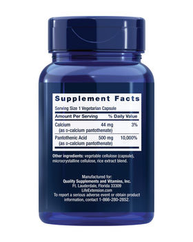 Vue arrière du flacon d'acide pantothénique Life Extension 500 mg