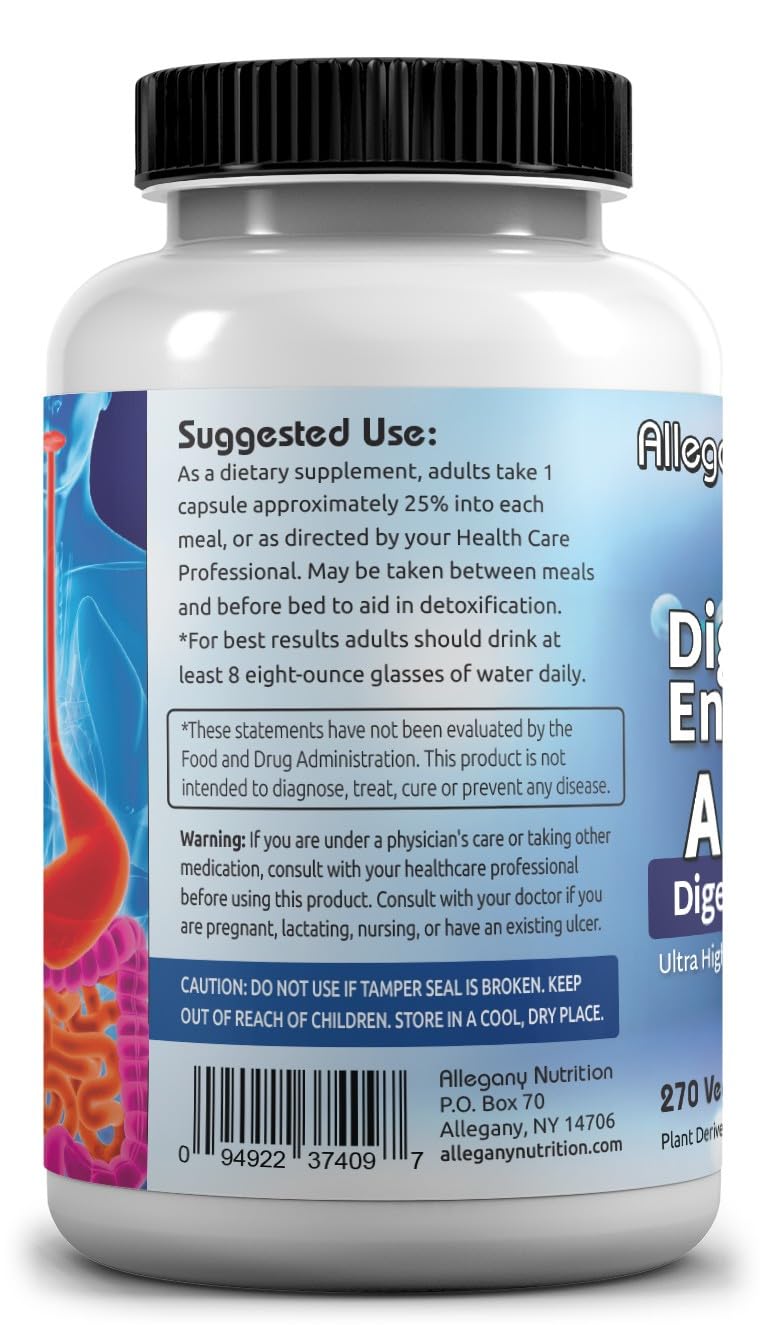 Vue arrière du flacon d'enzymes végétales Allegany Nutrition