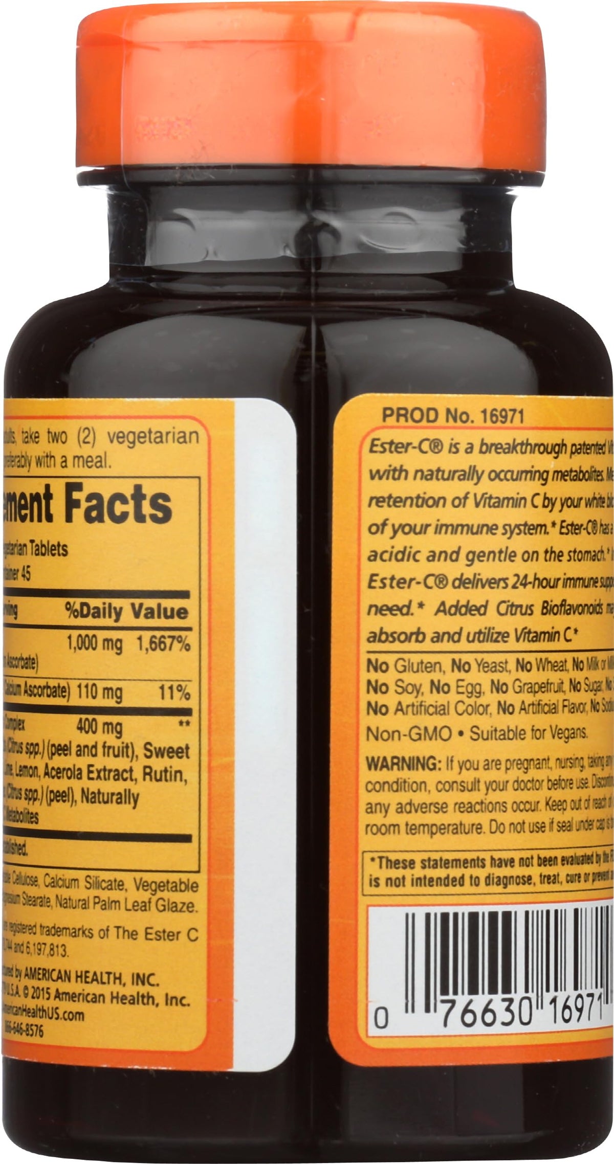 Vue arrière du flacon d'Ester C 500 avec informations nutritionnelles