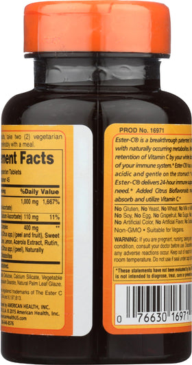 Vue arrière du flacon d'Ester C 500 avec informations nutritionnelles