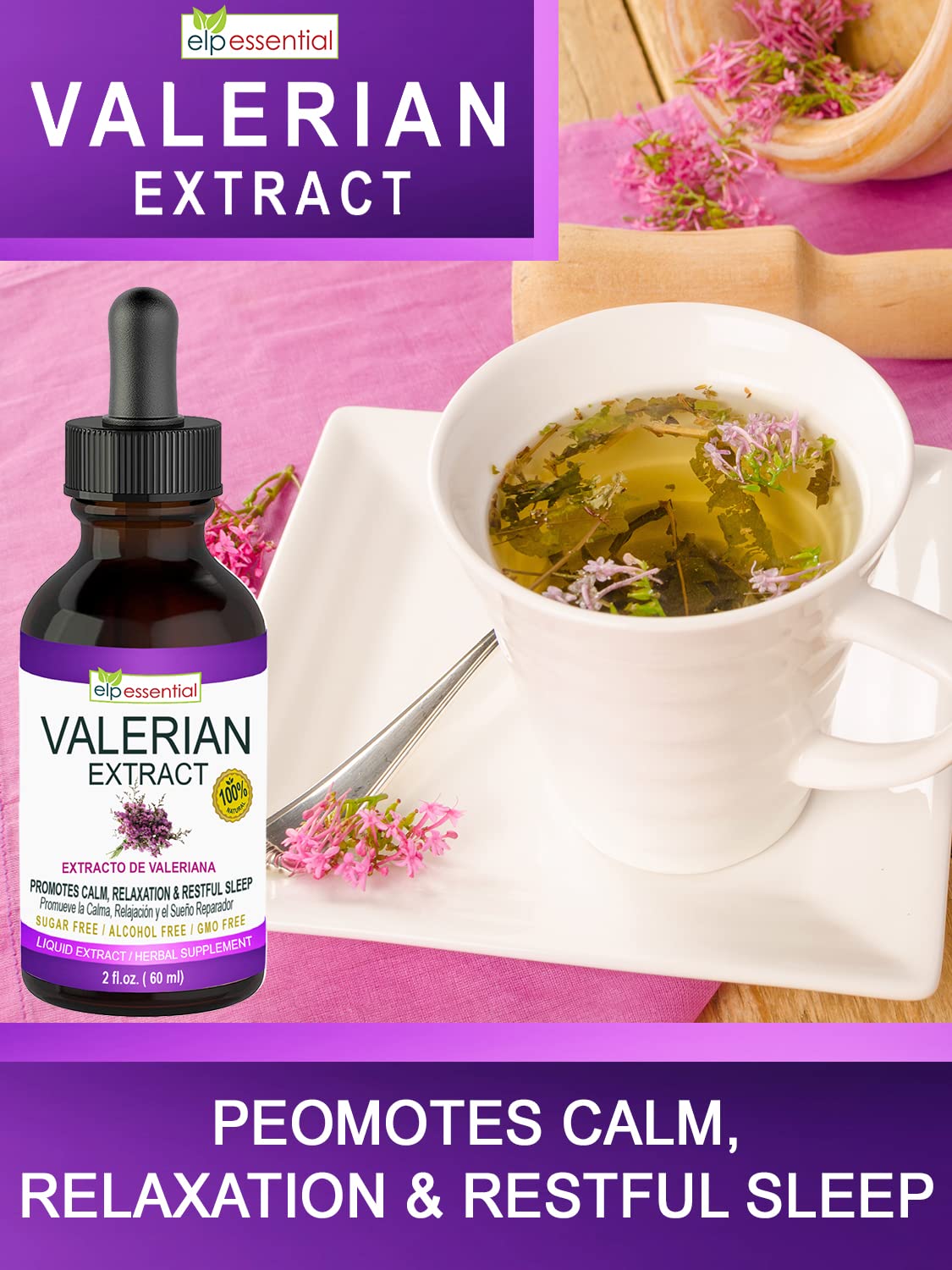 Vue arrière du flacon d'extrait de racine de valériane ELP ESSENTIAL