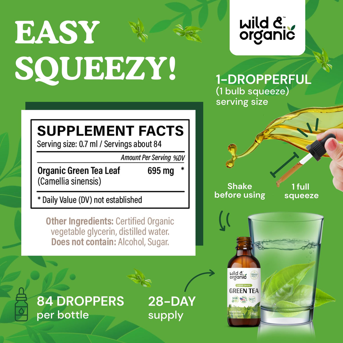 Vue arrière du flacon d'extrait de thé vert Wild & Organic
