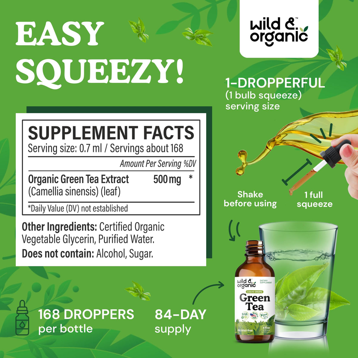 Vue arrière du flacon d'extrait de thé vert Wild & Organic