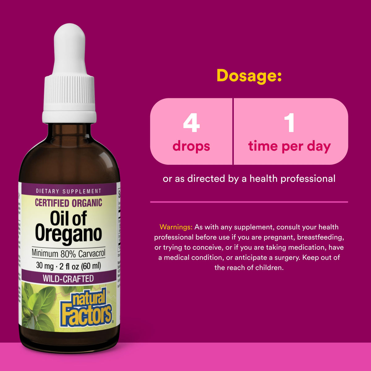 Vue arrière du flacon d'huile d'origan bio Natural Factors