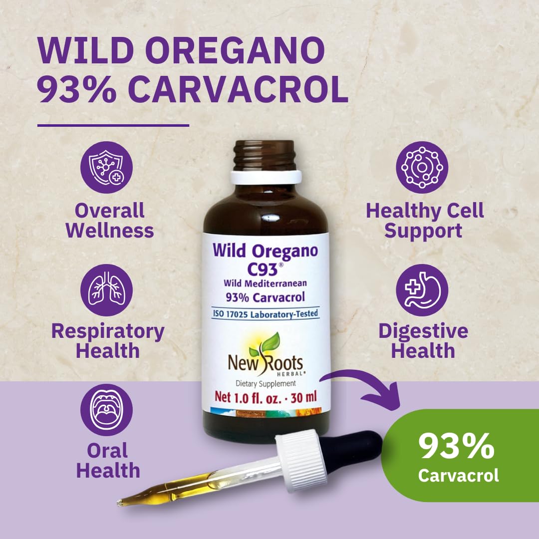 Vue arrière du flacon d'huile d'origan sauvage C93 de NEW ROOTS HERBAL