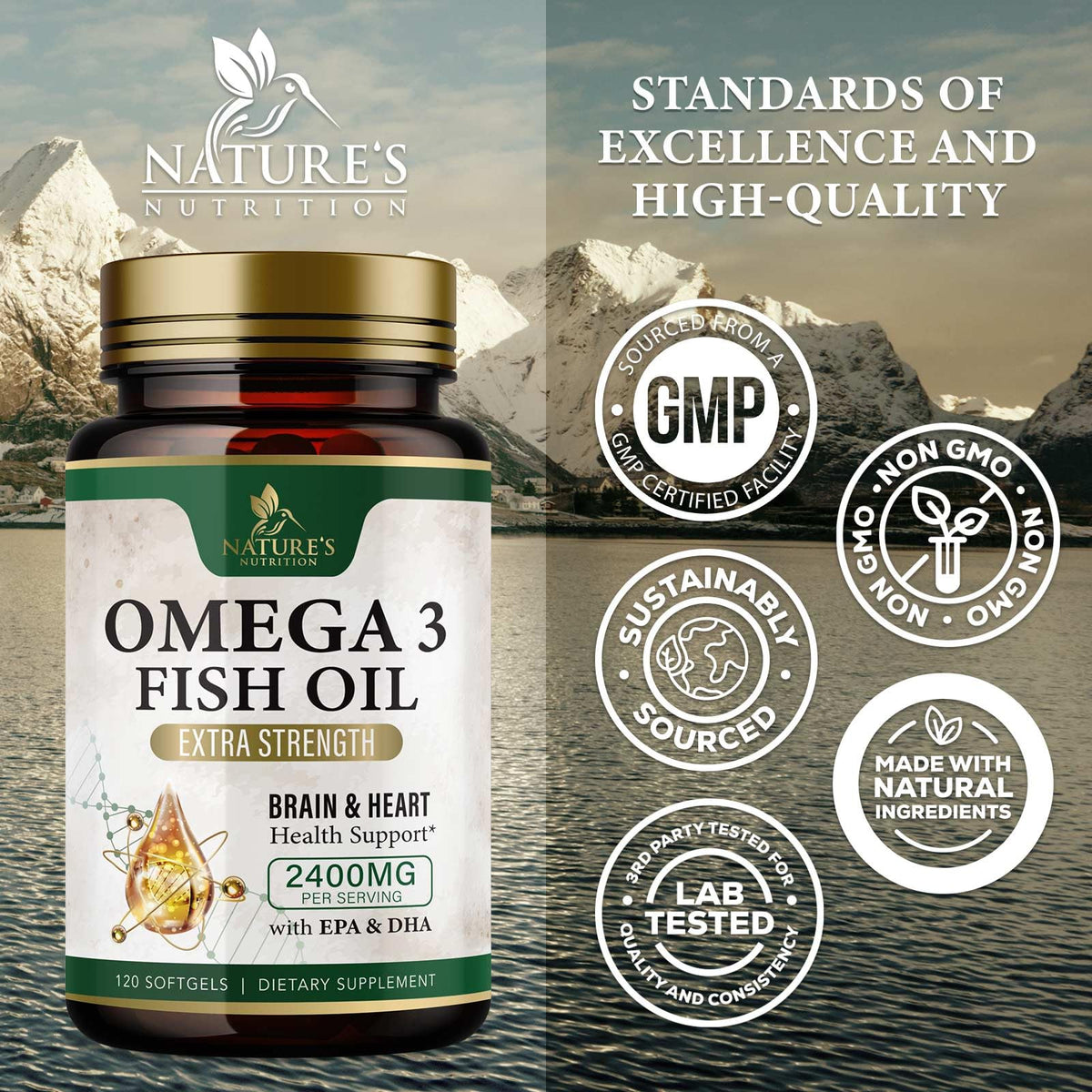 Vue arrière du flacon d'Omega 3 Nature's Nutrition