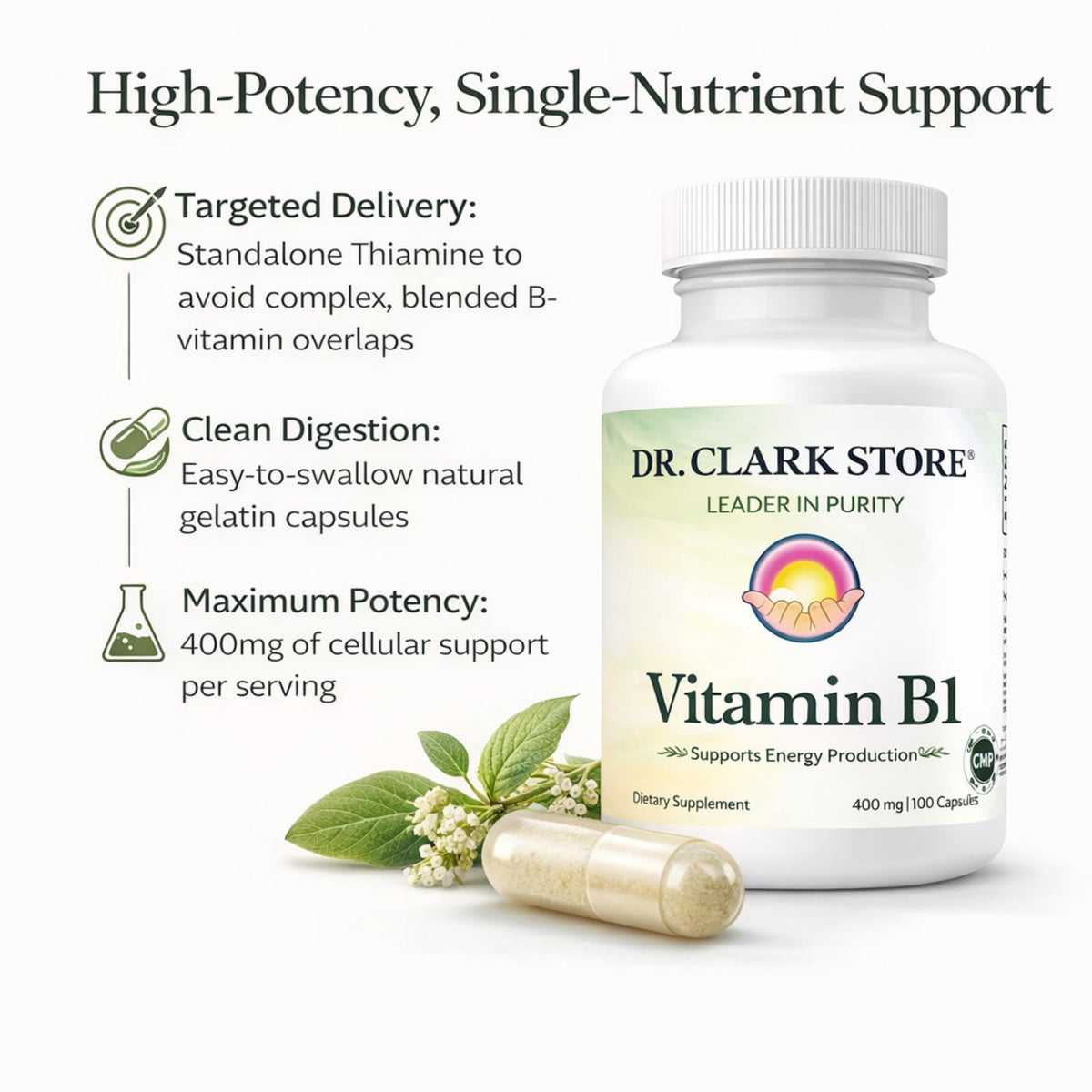 Vue arrière du flacon de B1 Thiamine 400mg Dr Clark