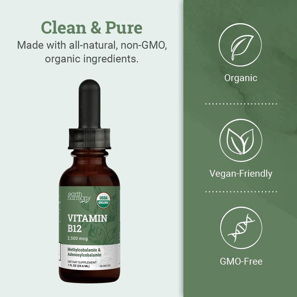 Vue arrière du flacon de B12 liquide Earth Harmony Naturals
