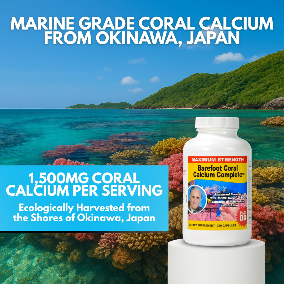 Vue arrière du flacon de Barefoot Coral Calcium 240 capsules