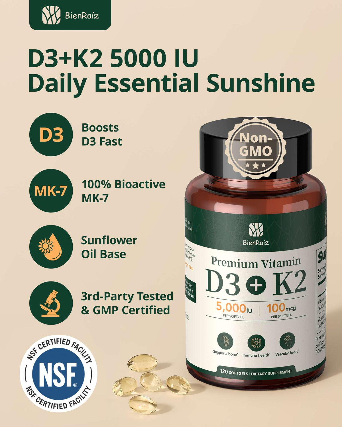 Vue arrière du flacon de BienRaíz Vitamine D3 K2