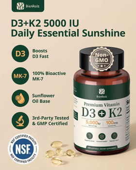 Vue arrière du flacon de BienRaíz Vitamine D3 K2