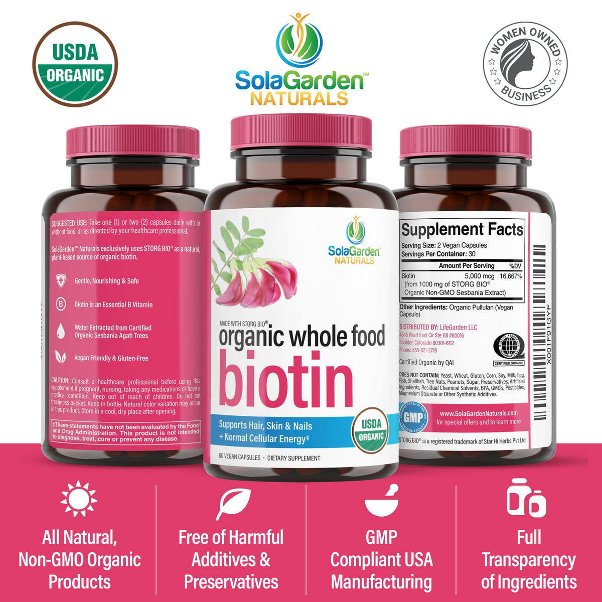 Vue arrière du flacon de biotine LifeGarden Naturals