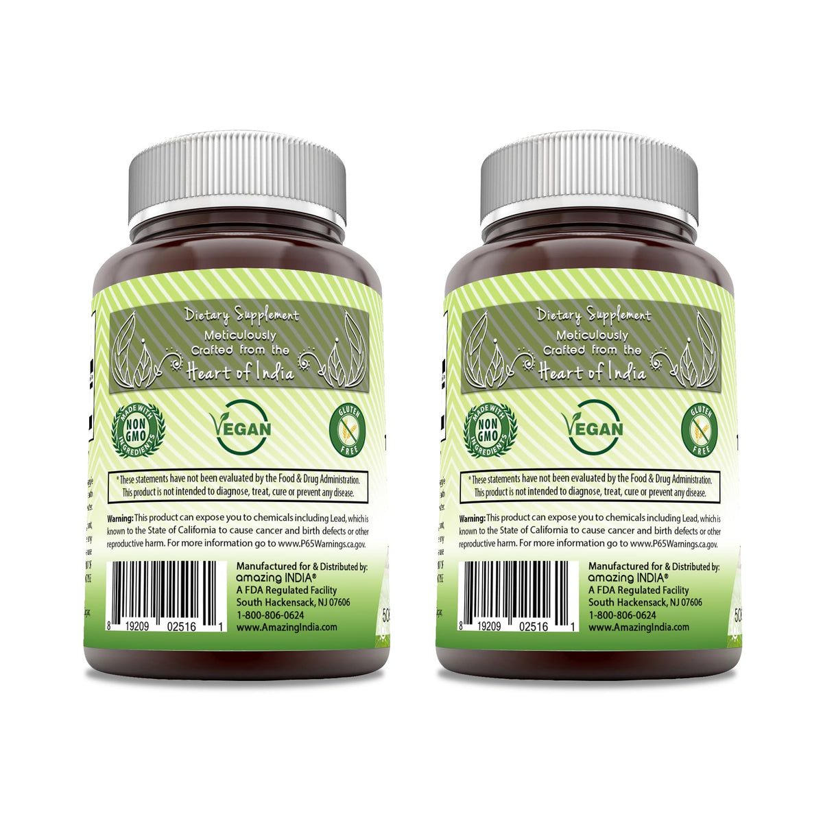 Vue arrière du flacon de capsules d'Ashwagandha Amazing India
