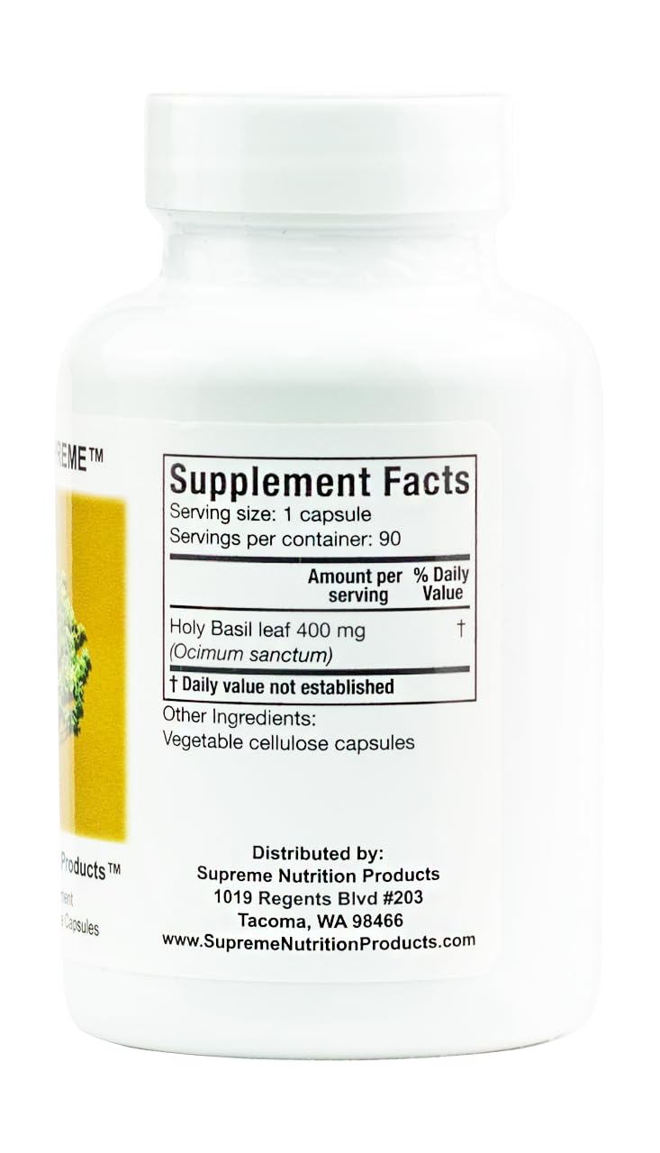 Vue arrière du flacon de capsules de basilic sacré Nutrition