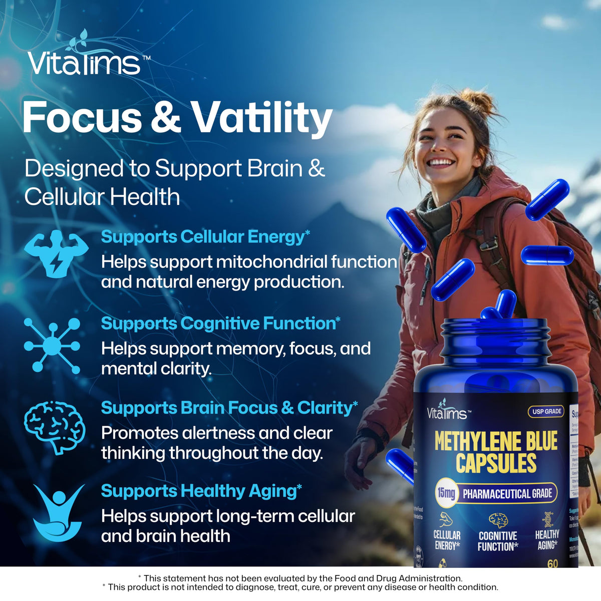 Vue arrière du flacon de capsules de bleu de méthylène Vitatims