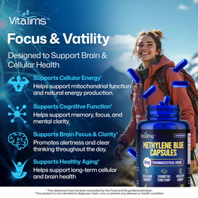 Vue arrière du flacon de capsules de bleu de méthylène Vitatims