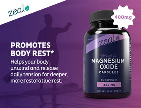 Vue arrière du flacon de capsules de magnésium oxyde 400mg Zeal Naturals