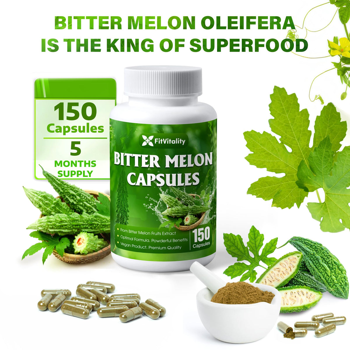 Vue arrière du flacon de capsules de melon amer FitVitality