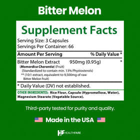 Vue arrière du flacon de capsules de melon amer Healthfare