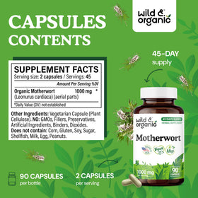 Vue arrière du flacon de capsules de motherwort Wild & Organic