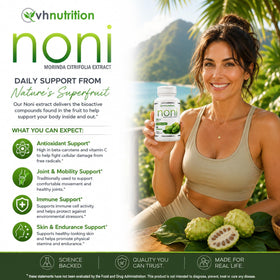 Vue arrière du flacon de capsules de Noni, informations nutritionnelles