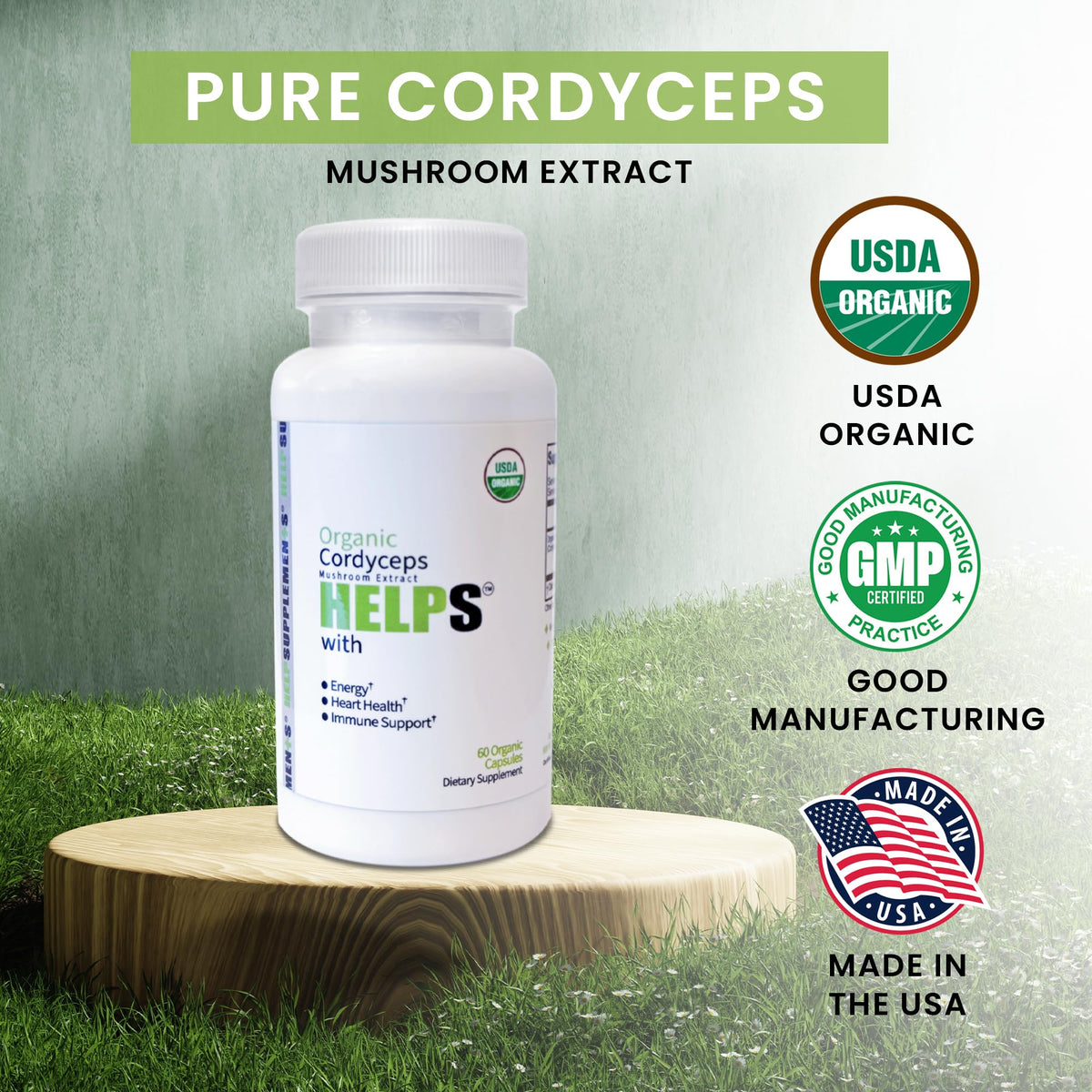 Vue arrière du flacon de capsules Help Supplements Champignon Cordyceps 1000mg