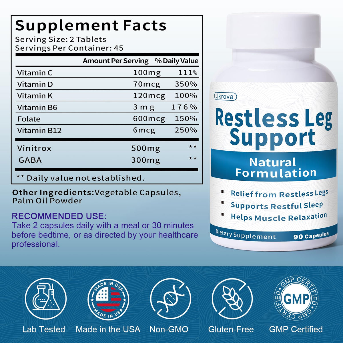 Vue arrière du flacon de capsules Jkrova, informations nutritionnelles