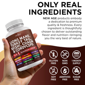 Vue arrière du flacon de champignon NEW AGE avec informations nutritionnelles
