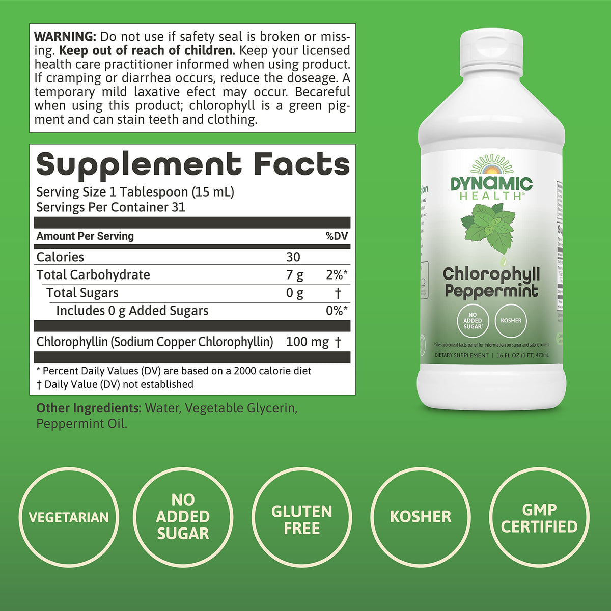 Vue arrière du flacon de chlorophylle liquide Dynamic Health