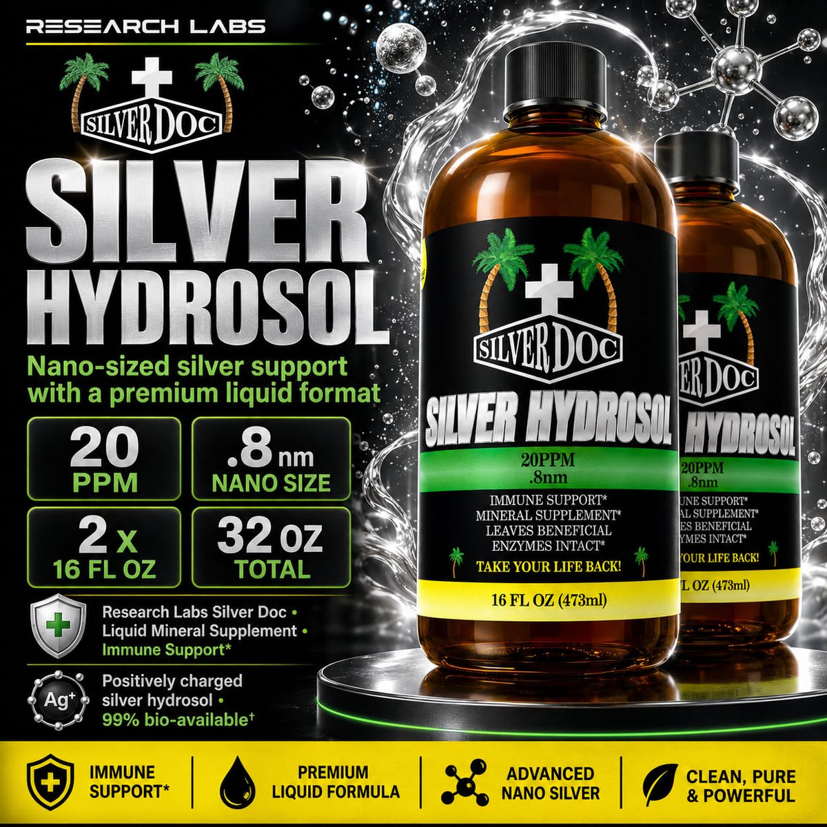 Vue arrière du flacon de complément minéral hydrosol d'argent colloïdal 32 oz