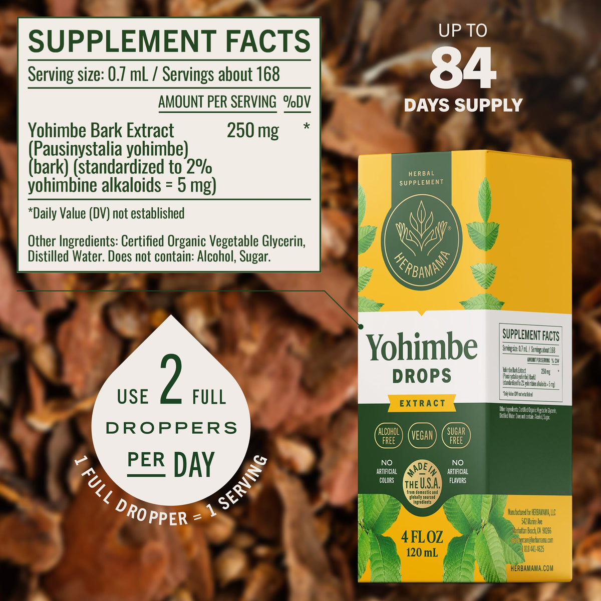 Vue arrière du flacon de compléments alimentaires Yohimbe HERBAMAMA