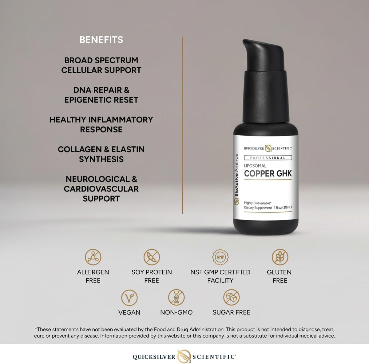 Vue arrière du flacon de Cuivre GHK Liposomal Quicksilver Scientific