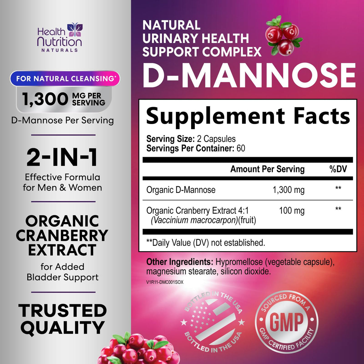 Vue arrière du flacon de D-Mannose 1300 mg