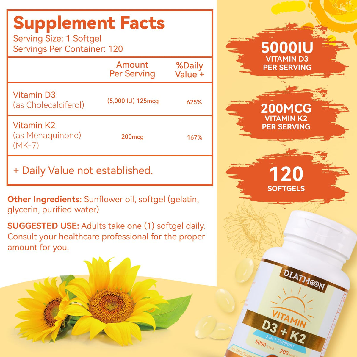 Vue arrière du flacon de DIATMOON D3 K2 avec informations nutritionnelles
